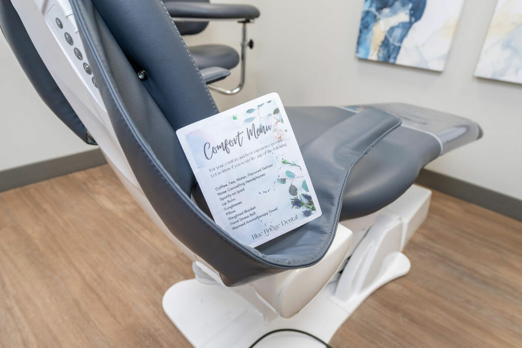 A dentist chair at Blue Bridge Dental office